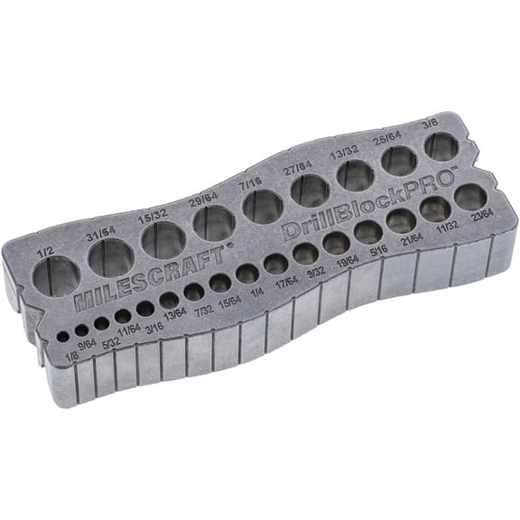 Milescraft 1307 Drill Block PRO All-Metal Handheld Drilling Guide for Straight Holes. 25 Drill Guides in One! 1/8 to 1/2 in 1/64 increments. Dual V-Groove Design for Round Stock & Corners
