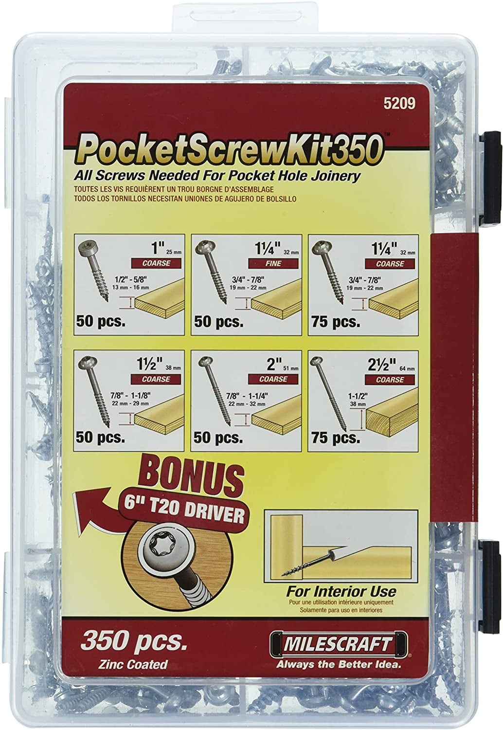 Milescraft 5209 Pocket Screw Kit 350- T20 Star Head Pocket Hole Screw Kit (350-Pieces)- 6 Sizes Bonus 6inch Magnetic Driver Included-All Screws Needed for Pocket Hole Joinery