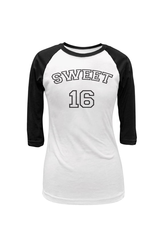 Milestone Birthday Athletic Sweet Sixteen 16 Juniors 3/4 Sleeve Raglan T Shirt White-Black SM