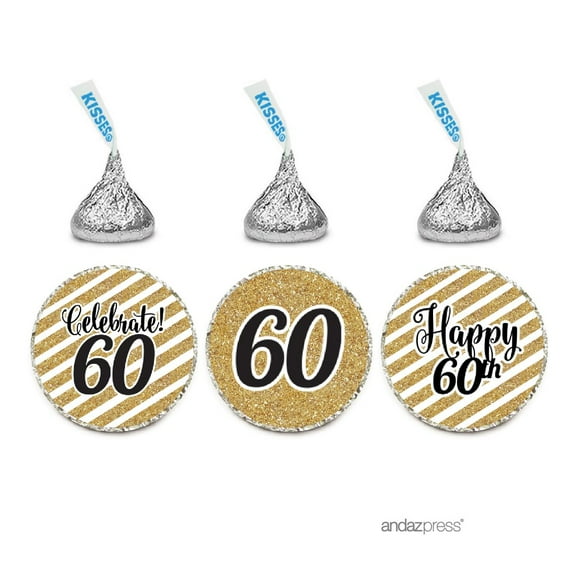 Milestone Chocolate Drop Labels Trio, Fits Hershey's Kisses Party Favors, 60th Birthday, 216-Pack, Not Real Glitter