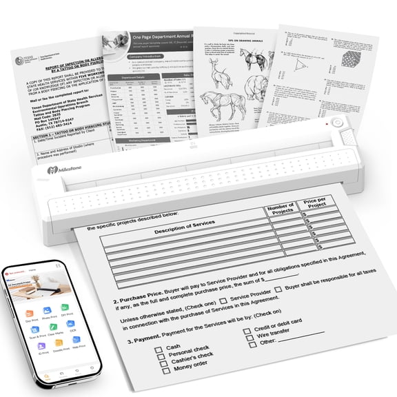 Milestone Portable Thermal Printer, Wireless Bluetooth Inkless Printer, Supports 8.5" x 11" US Letter & A4 Thermal Paper, Compatible with iPhone, Android, Mac, Windows for Travel School Office Home