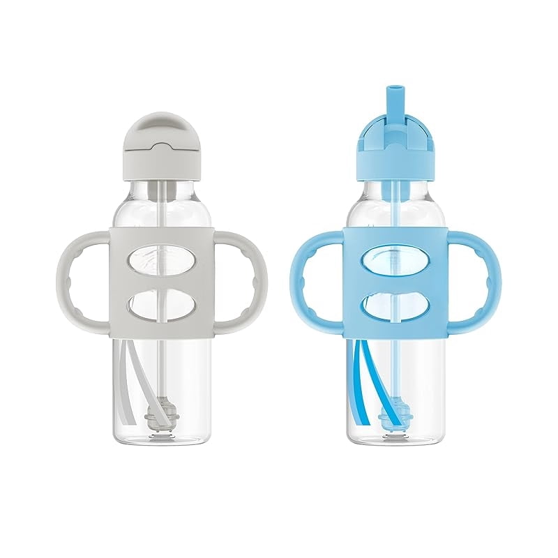 Milestones Narrow Sippy Straw Bottle, Spill-Proof with 100% Silicone Handles and Weighted Straw, 8 oz/250 mL, Gray & Blue, 6m+