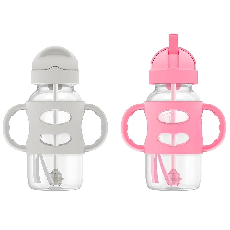 Milestones Wide-Neck Sippy Straw Bottle with 100% Silicone Handles and Weighted Straw, 9 oz/270 mL, Gray & Pink, 6m+, 2 Count (Pack of 1)