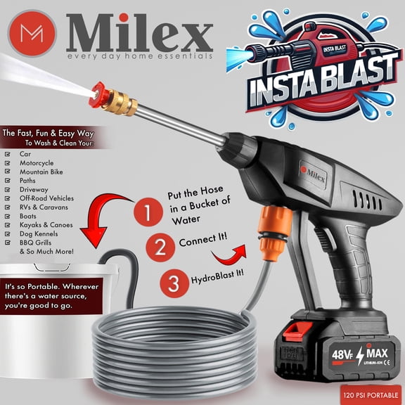 Milex Insta Blast Cordless Portable Pressure Washer, 120 PSI Handheld Power Cleaner with Rechargeable Battery, Foam Sprayer & Multi-Nozzle for Cars, Bikes, Patio & Outdoor Cleaning