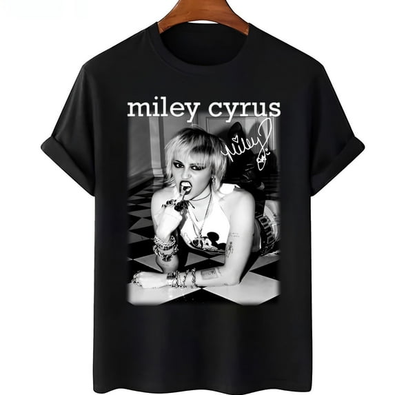 Miley Cyrus T-Shirt, Black & White Punk Rock Style Graphic Tee with Signature Print, Gift Music Lover
