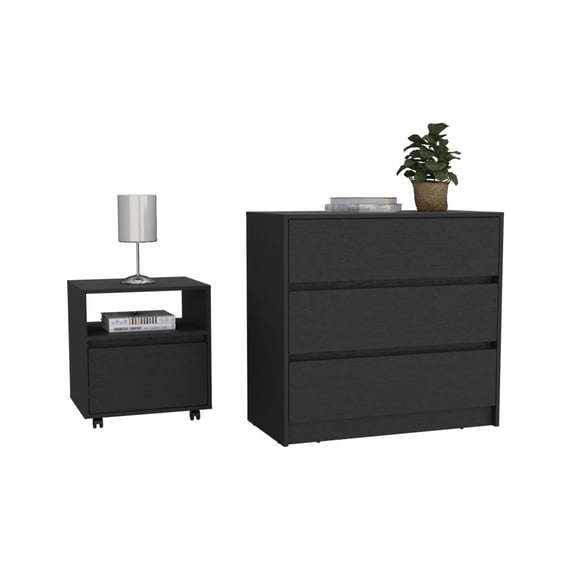 Milford 2-Piece Bedroom Set - Nightstand & Dresser - Black Wood - Modern Storage Furniture - Compact Design for Bedrooms & Guests