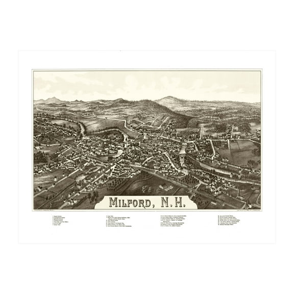 Milford Art, 1886 Vintage Map of Milford New Hampshire, NH History Wall Decor Gift, Old Milford Map - 36" x 24" Unframed Print