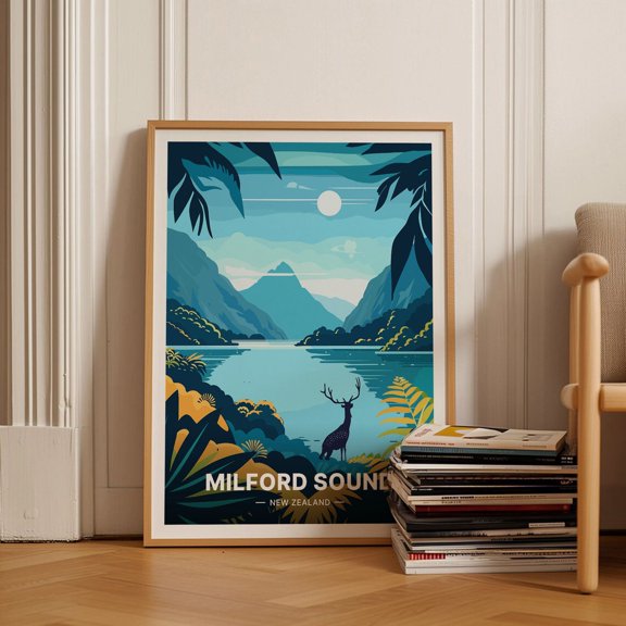 Milford Sound Scenic Travel Poster, New Zealand Landscape Wall Art, Unique Wedding Gift Idea, Home Decor Wall Art, Modern Wall Decor, 12x18 UNFRAMED