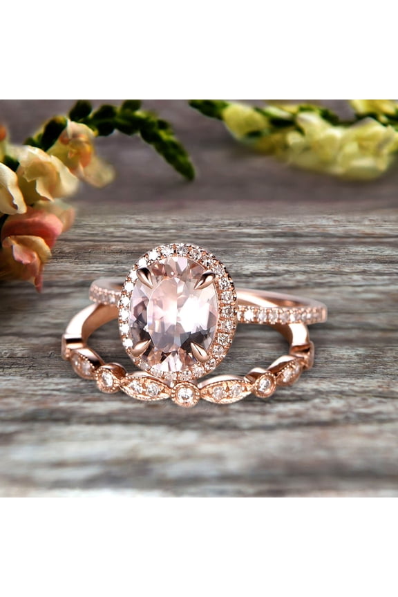 Milgrain 1.75 Carat Oval Cut Morganite Wedding Set Bridal Ring On 10K Rose Gold Halo Art Deco Stacking Matching Band Glaring Shining Startling Staggering