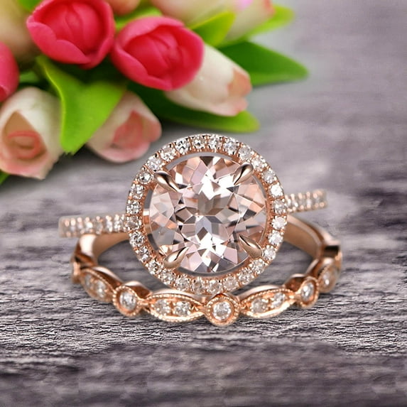 Milgrain 1.75 Carat Round Cut Morganite Wedding Set Engagement Bridal Ring 10k Rose Gold Marquise Matching Band