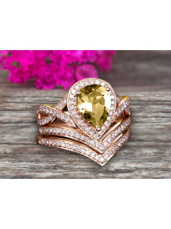 Milgrain 10k Rose Gold 3 Carat Champagne Diamond Moissanite Engagement Ring Trio Set Wedding Ring 8x5mm Pear Shape Champagne Curved V-Shape Stacking Matching Wedding Band Art Deco Halo Ring