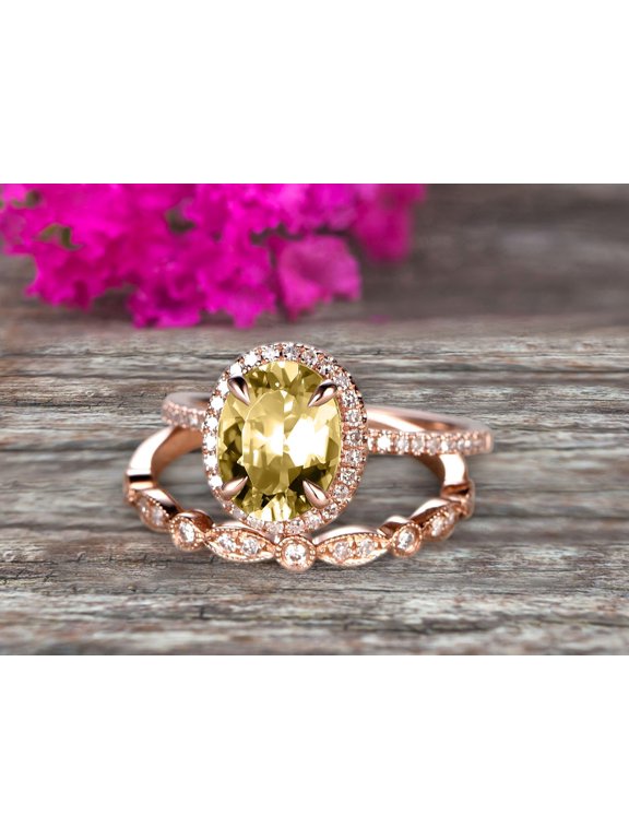 Milgrain 2.50 Carat 8X6mm Oval Cut Champagne Diamond Moissanite Wedding Set Bridal Ring On 10K Rose Gold Halo Art Deco Stacking Matching Band Glaring Shining Startling Staggering