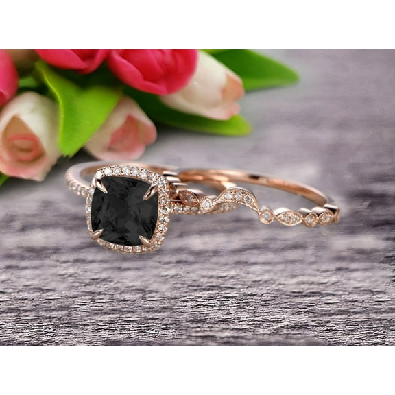 Milgrain 2.55 Carat Cushion Cut Black Diamond Moissanite Wedding Set Bridal Ring 10k Rose Gold Curved Matching Band Art Deco