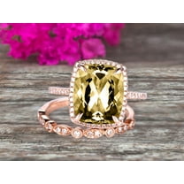 Milgrain 2.55 Carat Wedding Ring Set Big 7mm Cushion Cut Champagne Diamond Moissanite Engagement Ring Champagne Diamond Moissanite Art Deco Matching Wedding Band On 14K Rose Gold Surprisingly Ring