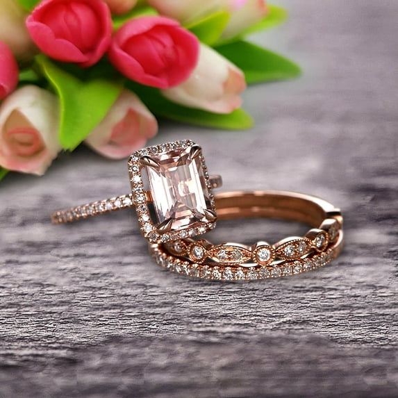 Milgrain 2 Carat Emerald Cut Morganite Wedding Set Engagement Ring 10K Rose Gold Art Deco Two Matching Band Anniversary Gift Glaring Staggering Ring