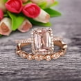 thumbnail image 1 of Milgrain Art Deco 1.75 Carat Emerald Cut Morganite Wedding Set Engagement Ring Anniversary 10k Rose Gold Claw Prongs Eternity Matching Band, 1 of 5