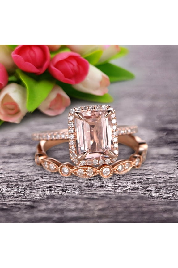 Milgrain Art Deco 1.75 Carat Emerald Cut Morganite Wedding Set Engagement Ring Anniversary 10k Rose Gold Claw Prongs Eternity Matching Band