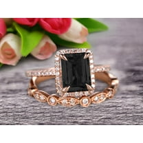 Milgrain Art Deco 2.25 Carat 7x5mm Emerald Cut Black Diamond Moissanite Wedding Set Engagement Ring Anniversary 10k Rose Gold Claw Prongs Eternity Matching Band