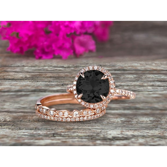 Milgrain Art Deco 2.75 Carat 6mm Round Cut Black Diamond Moissanite Engagement Ring 10k Rose Gold With Halo Design Stacking Matching Band Gift For Anniversary