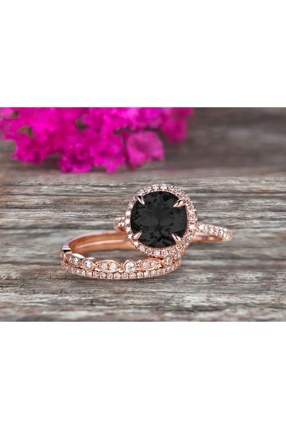 Milgrain Art Deco 2.75 Carat 6mm Round Cut Black Diamond Moissanite Engagement Ring 10k Rose Gold With Halo Design Stacking Matching Band Gift For Anniversary
