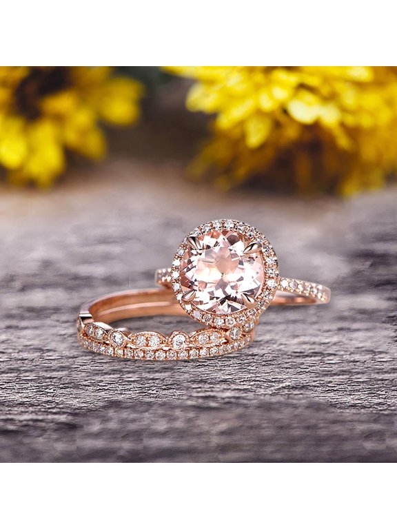 Milgrain Art Deco 2 Carat Round Cut Pink Morganite Engagement Ring 10k Rose Gold With Halo Design Stacking Matching Band Gift For Anniversary