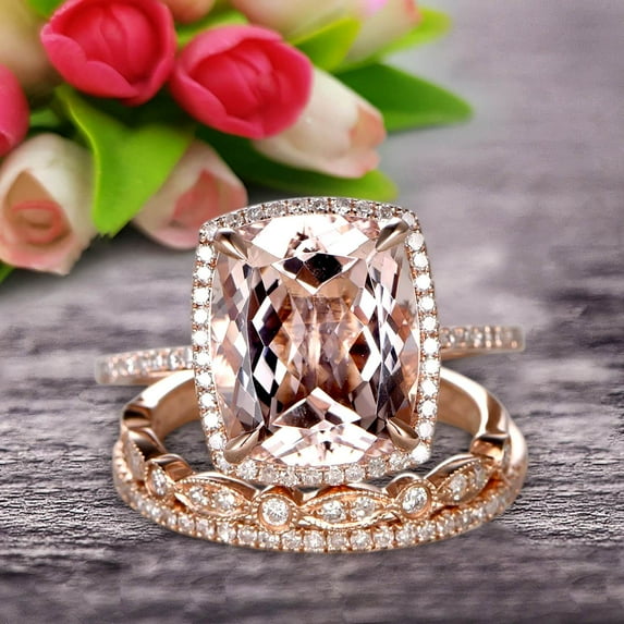 Milgrain Art Deco 3.05 Carat 7mm Cushion Cut Gemstone Morganite Trio Set Wedding Ring Engagement Ring On 10k Rose Gold Anniversary Ring Surprisingly Ring
