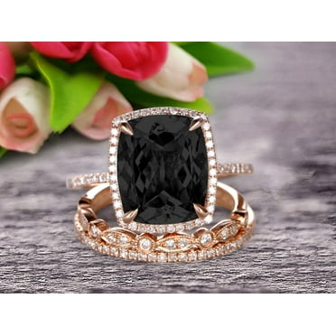 Milgrain Art Deco 3 Carat Cushion Cut Gemstone Black Diamond Moissanite Trio Set Wedding Ring Engagement Ring On 10K Rose Gold Anniversary Ring Surprisingly Ring