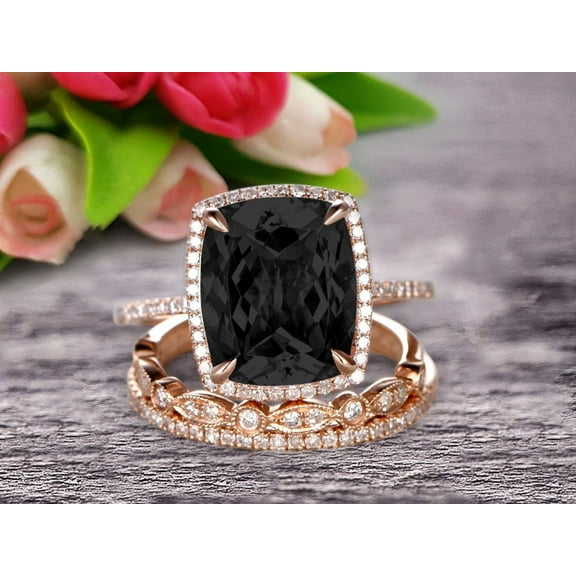 Milgrain Art Deco 3 Carat Cushion Cut Gemstone Black Diamond Moissanite Trio Set Wedding Ring Engagement Ring On 10K Rose Gold Anniversary Ring Surprisingly Ring