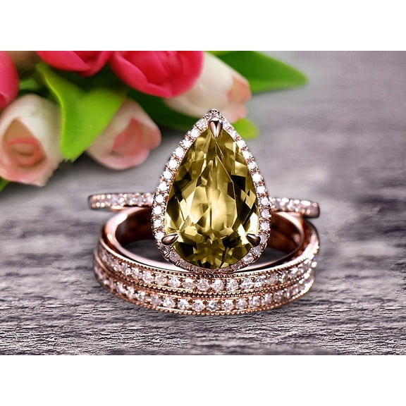 Milgrain Art Deco Trio Set 2.75 Carat Champagne Diamond Moissanite Engagement Ring On 10k Rose Gold 8x5mm Pear Shape Gemstone Halo Ring With Matching Band Surprisingly Ring