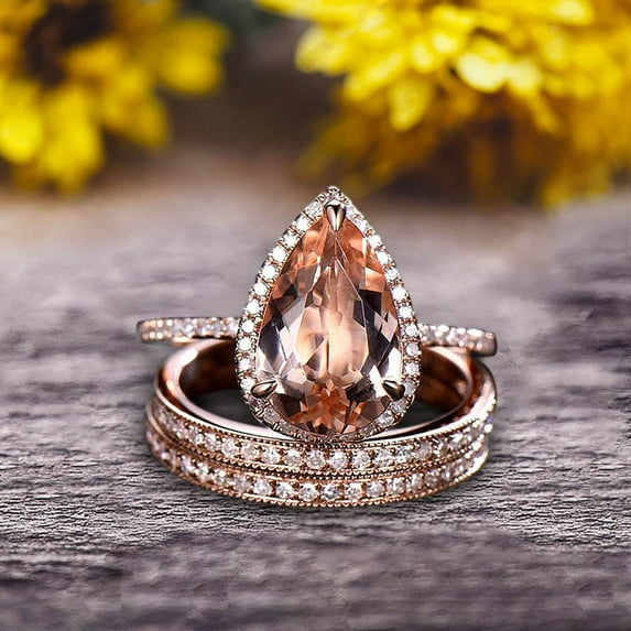Milgrain Art Deco Trio Set 2.75 Carat Morganite Engagement Ring On 10k Rose Gold 8x5mm Pear Shape Gemstone Halo Ring With Matching Band Surprisingly Ring