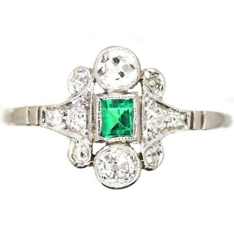 Milgrain Bezel Set Diamond Ring, Princess Cut Green Emerald