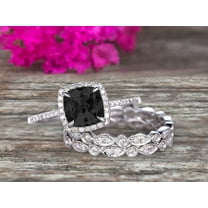Milgrain Halo Art Deco 3.05 Carat 7mm Cushion Cut Black Diamond Moissanite Wedding Ring Set On 10k White Gold With Two Matching Band Anniversary Ring