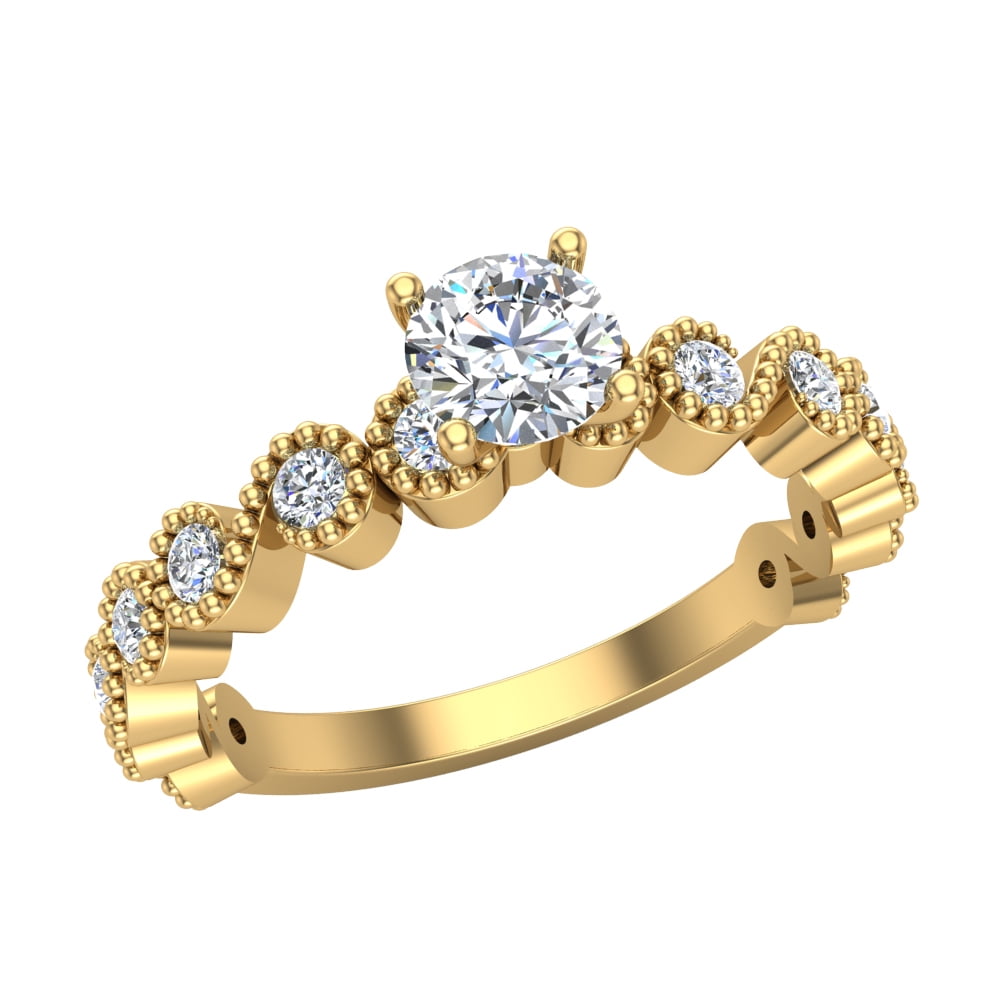 Milgrain Ocean Wave Ripple Round Brilliant Diamond Ring 14K Gold 0.75 ...