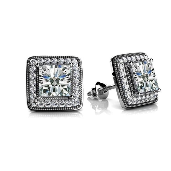 Milgrain Princess & Round 4.90 CT Diamond Stud Earrings, Size 6.5