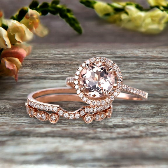 Milgrain Trio Set 2.25 Carat Morganite 10k Rose Gold Wedding Set Round Cut Antique Art Deco Stacking Matching Band Anniversary gift Glaring