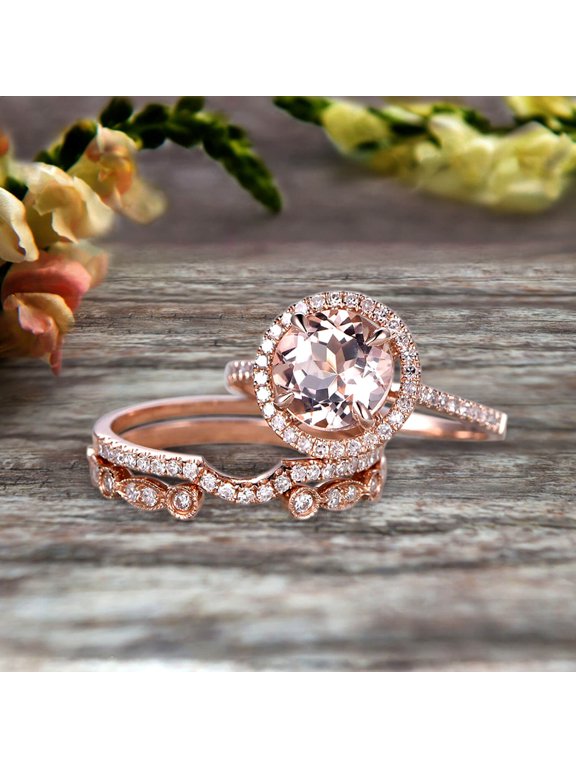 Milgrain Trio Set 2.25 Carat Morganite 10k Rose Gold Wedding Set Round Cut Antique Art Deco Stacking Matching Band Anniversary gift Glaring