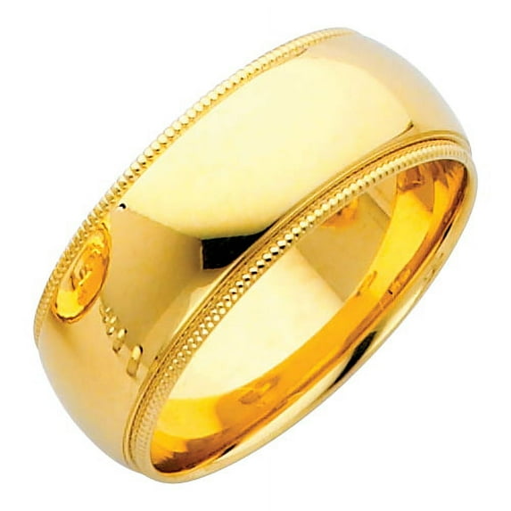 Milgrain Wedding Band Comfort Fit Plain Ring Solid 14k Yellow Gold Heavy Polished Finish, 8 mm, Size 11.5