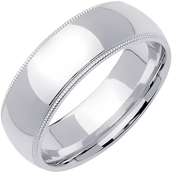 Milgrain Wedding Band Plain Ring Solid 14k White Gold Comfort Fit Heavy Polished Finish, 8 mm, Size 6