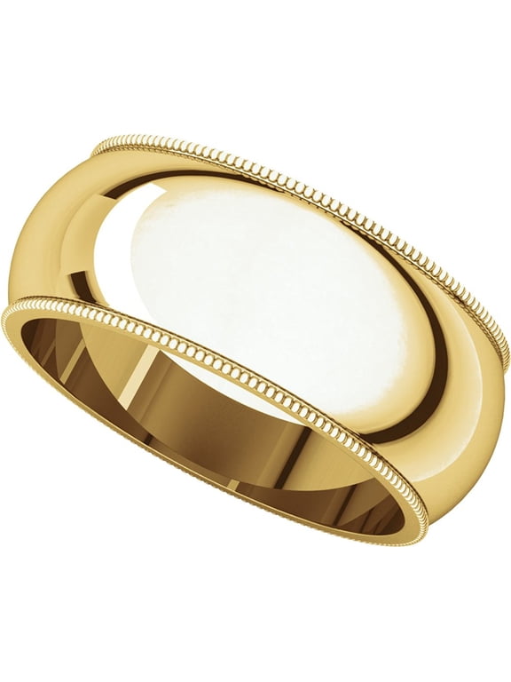 Milgrain Wedding Band Plain Ring Solid 14k Yellow Gold Heavy Polished Finish Regular Fit, 8 mm, Size 7.5