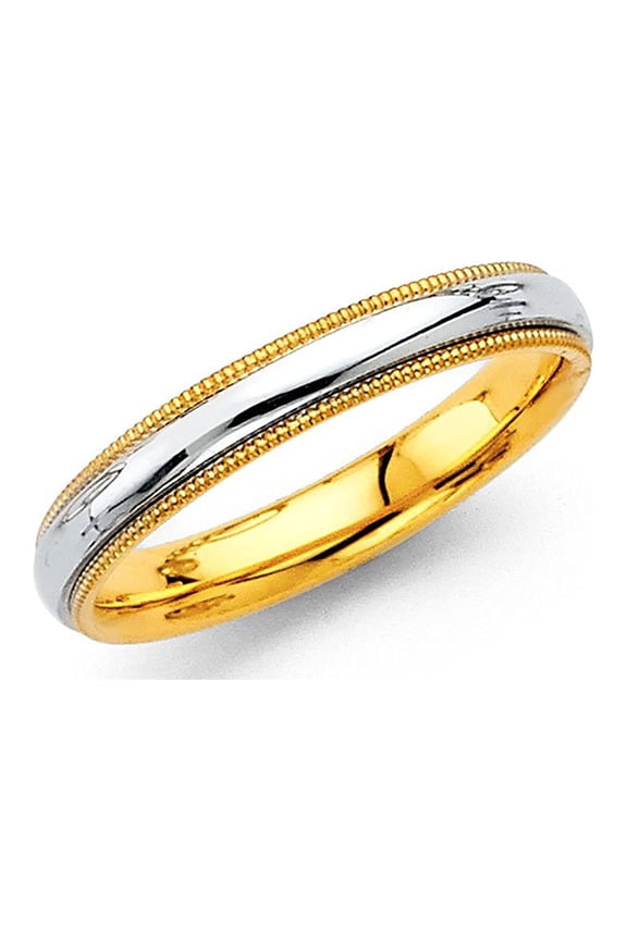 Milgrain Wedding Band Solid 14k Yellow White Gold Plain Ring Comfort Fit Dome Style Two Tone 3.2 mm, Size 8