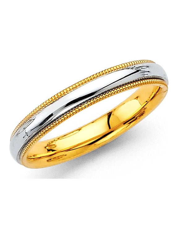 Milgrain Wedding Band Solid 14k Yellow White Gold Plain Ring Comfort Fit Dome Style Two Tone 3.2 mm, Size 8
