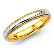 Milgrain Wedding Band Solid 14k Yellow White Gold Plain Ring Comfort Fit Dome Style Two Tone 3.2 mm, Size 9