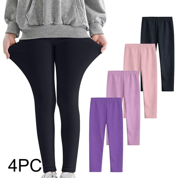 Qodauz 4 Pack Girls Solid Color Leggings Multipack Basic Full Length Stretchy Leggings for Kids Soft Pants 3-12 Years
