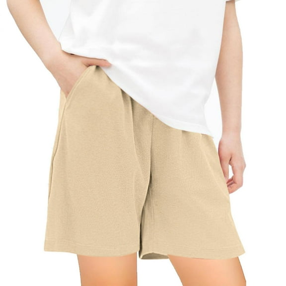 Mevxay Athletic Shorts for Boys & Girls Elastic Waist Solid Color Basic Activewear with Pocket for 6-12 Years Beige