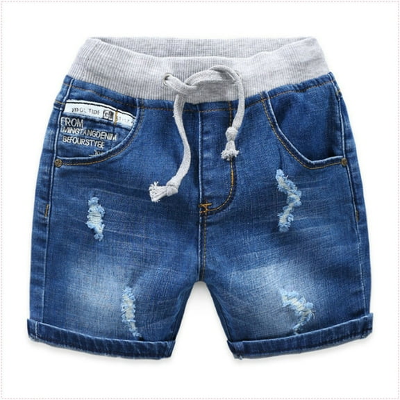 Mevxay Boy's Denim Shorts Drawstring Elastic Waist Fashion Hole Jeans with Pocket for 2-10 Years Light Blue