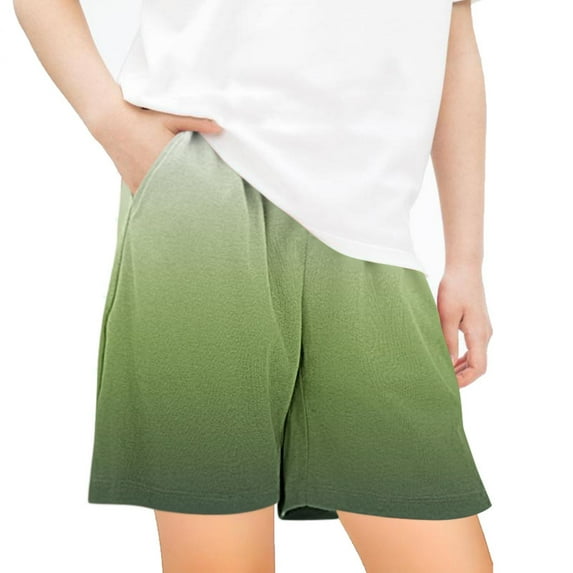Qodauz Boy's Girl's Gradient Athletic Shorts Causal Elastic Waist Activewear Short Pants with Pockets for 6-12 Years Green