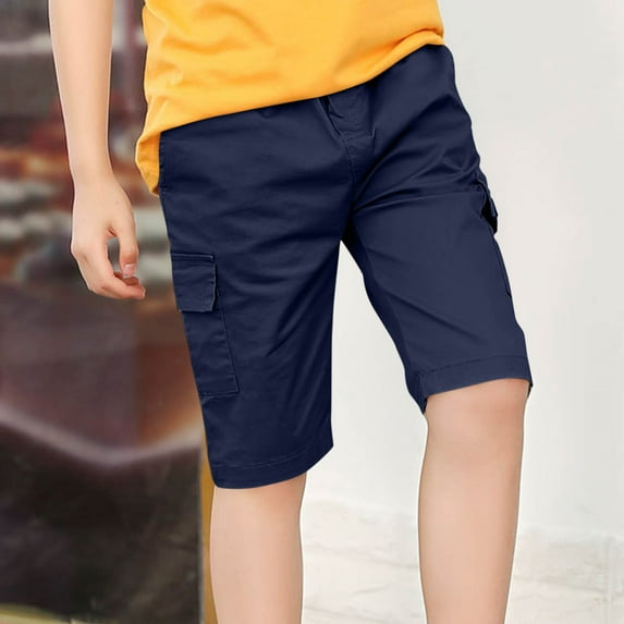 Mevxay Boy's Slim Fit Cargo Shorts Elastic Waist Cotton Lightweight Hiking Shorts Solid Color Ripstop Outdoor Short for 4-14 Years Navy