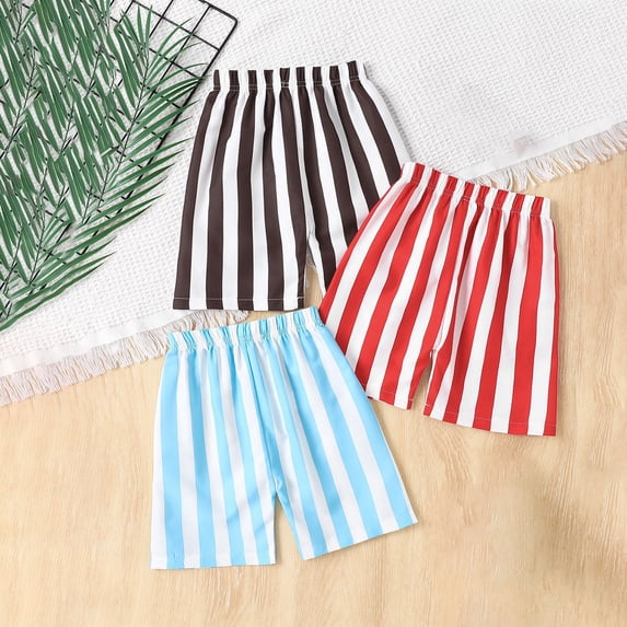 Qodauz Boy's Striped Beach Shorts Lightweight Elastic Waist Summer Vacation Shorts for 1-8 Years Red