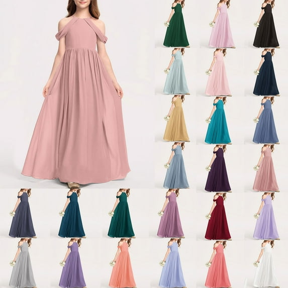 Mevxay Cold Shoulder Junior Bridesmaid Dress for Wedding Chiffon Flower Girl Piano Performance Flowy Elegant Halter Maxi Dress for 3-12 Years Army Green