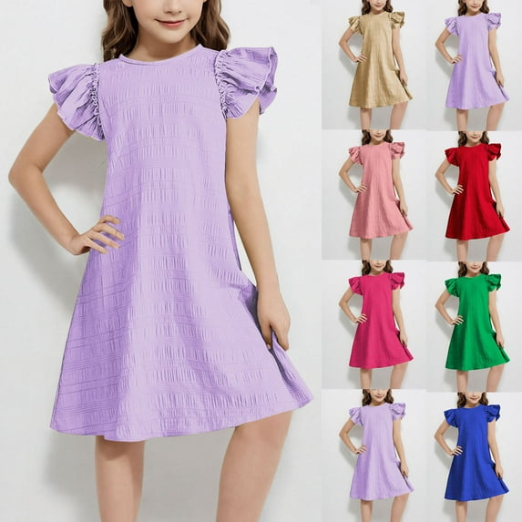Mevxay Girl's 2025 Summer Dress Flutter Sleeve A Line Sundresses Swing Mini Casual Party Dresses Size 6-15 Years Blue